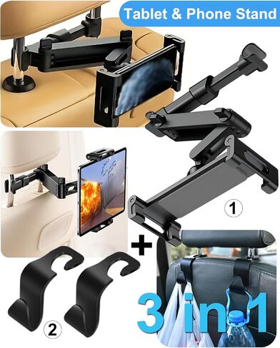 Car Headrest Tablet Holder Extension Arm Adjustable Tablet Car Mount for Back Seat for 4.7-11" Tablet Like iPad Pro, Air, Mini, Galaxy, Fire, Blac Samsung iPhone All Smartphones (Black Set) in Saudi Arabia