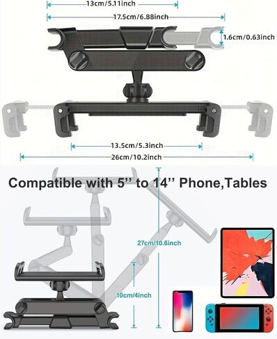 Car Headrest Tablet Holder Extension Arm Adjustable Tablet Car Mount for Back Seat for 4.7-11" Tablet Like iPad Pro, Air, Mini, Galaxy, Fire, Blac Samsung iPhone All Smartphones (Black Set) in Saudi Arabia