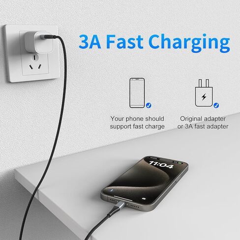 2ft USB إلى كابل USB C ، 3 حزمة كابل USB C Short Fast Charger ، مضفر 2 قدم USB A TO TYPE C CORD للسيارة iPhone 16 15 Pro Max/Plus ، Samsung Galaxy S24/S23 Ultra Goole Pixel ، USBA TO CABIL in Kuwait