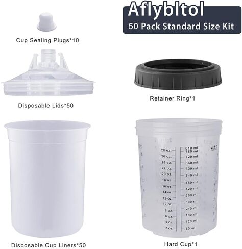 كوب خلط بخاخ طلاء للاستعمال مرة واحدة لمسدس طلاء السيارات، مجموعة مسدس طلاء رش الطلاء HVLP سعة 20 أونصة (600 مل) مع نظام 50 كوبًا وأغطية، وكوب صلب مع حلقة تثبيت و10 مقابس in Kuwait