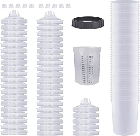 Disposable Paint Sprayer Mixing Cup for Automotive Paint Gun, HVLP Paint Spray Paint Gun 20 Ounce (600ml) Kit with 50 Cups and Lids System, 1 Hard Cup with Retainer Ring and 10 Plugs in Kuwait