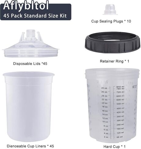 Disposable Paint Sprayer Mixing Cup for Automotive Paint Gun, HVLP Paint Spray Paint Gun 20 Ounce (600ml) Kit with 50 Cups and Lids System, 1 Hard Cup with Retainer Ring and 10 Plugs in Kuwait