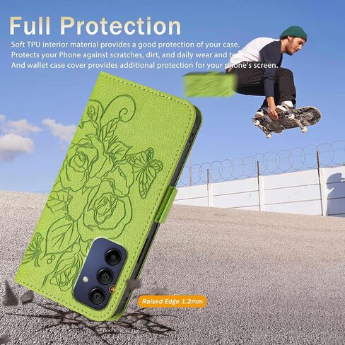 JanCalm for Samsung A16 5G Case Wallet,[RFID Blocking][Card Cash Slots][Wrist Strap] Floral Butterfly Cute Pattern Leather Protective Stand Flip Phone Cases Cover for Galaxy A16 (Green) in Saudi Arabia