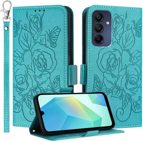 JanCalm for Samsung A16 5G Case Wallet,[RFID Blocking][Card Cash Slots][Wrist Strap] Floral Butterfly Cute Pattern Leather Protective Stand Flip Phone Cases Cover for Galaxy A16 (Green) in Kuwait