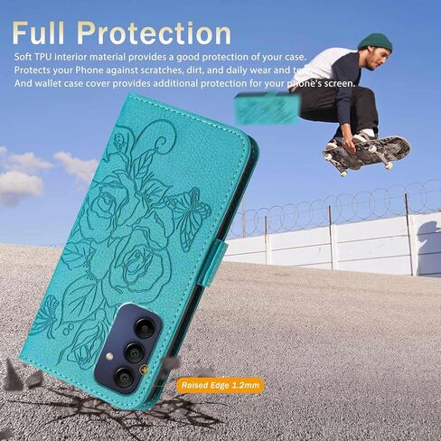 JanCalm for Samsung A16 5G Case Wallet,[RFID Blocking][Card Cash Slots][Wrist Strap] Floral Butterfly Cute Pattern Leather Protective Stand Flip Phone Cases Cover for Galaxy A16 (Green) in Kuwait