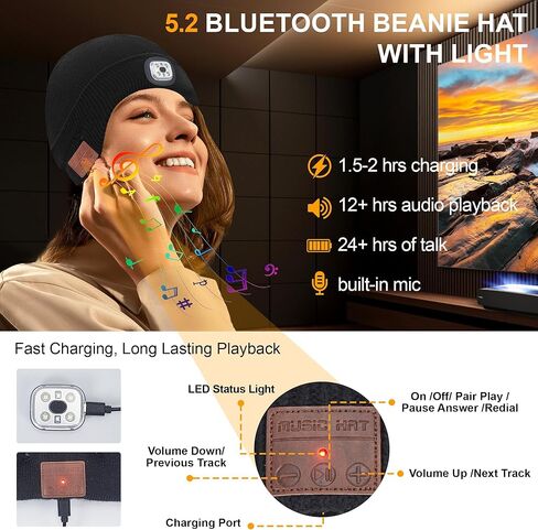 5.2 Bluetooth Beanie for Men & Women, Winter Knit Music Hat with Cordless Headphones, 24 Hour Play time, Built-in Microphone and HD Stereo Speakers, Unique Christmas Tech Gifts for Outdoor Homes in Kuwait