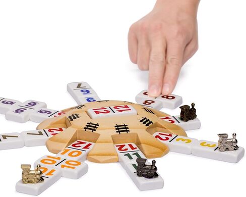 مجموعة كاملة من القطار المكسيكي من شركة Yellow Mountain Imports مع 12 قطعة دومينو مزدوجة (نقاط/نقاط)، ومحور خشبي، وعلامات قطار مصبوبة، ولوحة تسجيل in Kuwait