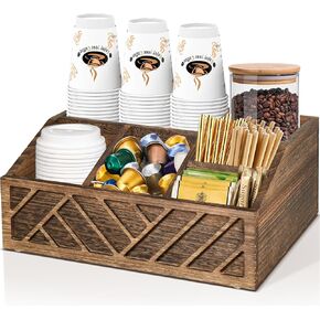 Farmhouse Coffee Station Organizer - Wood Countertop Coffee Bar Accessory Holder, Pod Syrup Condiment Organizer (Black)
