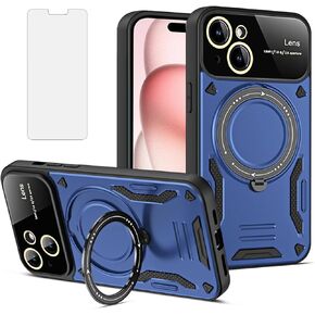 Phone Case for iPhone 15 6.1 inch with Tempered Glass Screen Wrist Strap Lanyard Protector Cover 360°Rotatable Invisible Ring Slim Protective Military Stand iPhone15 5G i i-Phone i15 15Case Blue