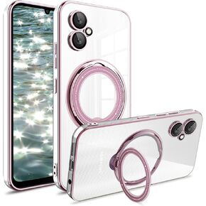 CCSmall for Samsung Galaxy A05 Case with Camera Lens Protector, Non-Yellowing Shockproof Phone Bumper Cover with Stand & Ring Holder TPU Clear Case for Samsung Galaxy A05 LD Pink