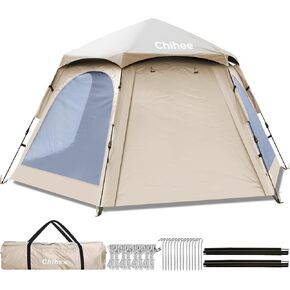 Chihee Camping Tents Pop Up Hexagonal Tent Easy Setup Instant PU Coated Polyester Family Cabin with Rainfly Waterproofing UV Protection Winproof Outdoor Shelter 2 Doors 4 Windows Mesh Ventilation