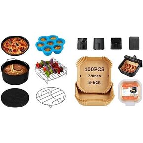 COSORI Air Fryer Accessories, Set of 6 Fit for Most 5-6 QT and Larger Oven, Nonstick Coating, Dishwasher Safe & Air Fryer 100 PCS Non-Stick Square Disposable Paper Liners, 7.9 inch for 5-6QT Basket