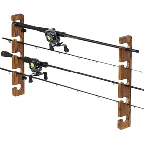 MyGift Horizontal Fishing Rod Holder, Deluxe Rustic Burnt Solid Wood Wall or Ceiling Mounted Fishing Pole/Rod Storage Organizer Rack, Holds 5 Rods