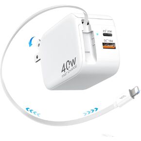 Retractable Wall Charger, 40W for iPhone Charger Fast Charging with 35.4in Retractable Lightening Cable, 3-Port USB C Charging Block with Foldable Plug for iPhone 14 13 12 11 iPad Pixel Galaxy