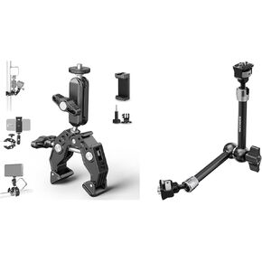 NEEWER Super Clamp with 3" Dual Ballhead Magic Arm, Cold Shoe, 1/4" Threads, Phone/Action Camera Mount Adapter for Desk Tripod Tube Crossbar Gimbal Rods, 11" Articulating Magic Arm Included