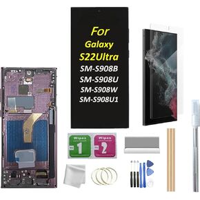 Galaxy S22 Ultra LCD Screen with Frame Replacement for Samsung Galaxy S22 Ultra SM-S908B SM-S908U1, SM-S908W LCD Screen Display Touch Digitizer with Frame+Tool(Fingerprint not Supported) (Burgundy)