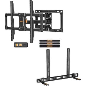 Perlegear UL Listed Full Motion TV Wall Mount for Most 42–84 inch Flat Curved TVs up to 132 lbs PGLF12, Soundbar Mount with Holes/Without Holes up to 13.2 lbs PGSM03B