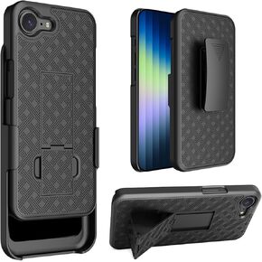 for iPhone 16E Holster Case with Belt Clip & Kickstand, 2-in-1Rugged Bumper Cover Full-Body Military Grade Protection (Black)