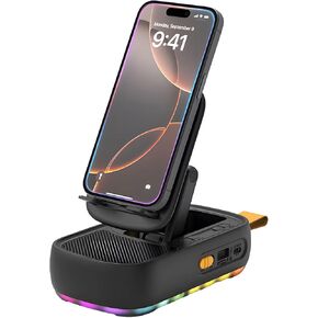 Cell Phone Stand with Bluetooth Speaker and Colorful Ambient Light, 360° Rotation & Foldable Stand, Support TF Card Wireless Speaker for Desk Compatible with iPhone/ipad/Samsung Galaxy (Black)