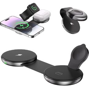 3-in-1 Wireless Charger for iPhone, Apple Watch & AirPods - Fast Charging Station, Magsafe Compatible, Foldable Travel Dock, Charging Stand for Multiple Devices, Clutter-Free Desk Charger
