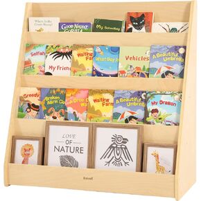 Large Single-Sided Bookshelf, 4-Tier Kids Bookshelf with Storage, Premium Wood Book Shelf for Kids Rooms, Magazine and Book Storage Rack, Montessori Shelf for Classrooms, Playrooms, Nursery