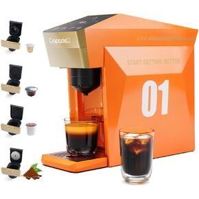 Multifunctional 4 in1 Espresso Machine, for Nespresso Original Capsule/K-cup Capsule/L’OR Ne'spresso Original Capsule/Do'lce Gusto/Ground Coffee,19Bar Pressure Single Serve Coffee Maker (Orange)