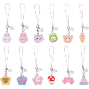 12 PCS 12 STYLES SHARMS SHARMS ، راتنج قلادة محمولة الأشرطة المحمولة لطيف سحر حزام الهاتف حيوان ملون ملحقات سحر الهاتف للهاتف الخلوي ديكور كيس كيس مفاتيح
