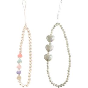 2 Pcs Heart Beaded Phone Charm Straps Faux Pearl Cell Phone Strap Mobile Phone Wristets Anti Lost Phone Chains Cute Phone Case Straps