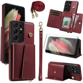 علبة الهاتف ASUWISH لـ Samsung Galaxy S21 Ultra 5G Wallet Woallet مع حامي شاشة زجاجي مقسمة وفتحة بطاقة Kickstand Strap Lanyard S21ULTRA 21S S 21 21ULTRA G5 WOND RED RED RED in Kuwait