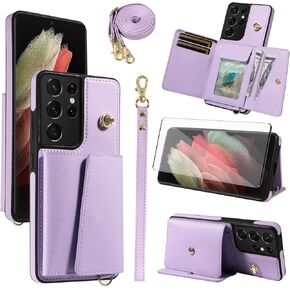 Asuwish Phone Case for Samsung Galaxy S21 Ultra 5G Wallet Cover with Tempered Glass Screen Protector and Card Holder Slot Kickstand Wrist Strap Lanyard S21ultra 21S S 21 21ultra G5 Women Men Wine Red