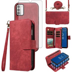 Asuwish Phone Case for Nokia G42 5G / Nokia G310 5G (6.56") Zipper Wallet Detachable Magnetic Cover with Screen Protector Crossbody Lanyard Shoulder Wrist NokiaG42 NokiaG310 Girls Women Brown