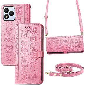 Crossbody Wallet Case for Vortex Cellular J24 [Long Wrist Strap], VortexJ24 2024 Cover Cash/Card Holder Purse | PU Leather 3D Embossed Cute Puppy Flip Kickstand Magnetic Buckle Girly (Pink)