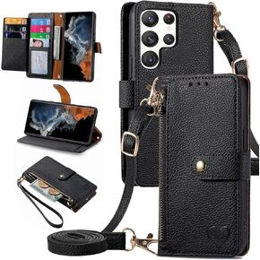Love Wallet Case for Samsung Galaxy S25 Ultra 5G with Crossbody Strap Wrist Strap RFID Blocking Zipper Credit Flip PU Leather Stand Shockproof Phone Cover for S25Ultra 25S S 25 25Ultra Pink