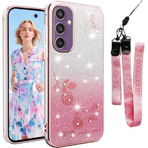 Ysnzaq Glitter Floral Case for Samsung Galaxy S25 with Crossbody Lanyard & Wrist Strap, Soft TPU Shockproof Phone Case Cute and Transparent Design for Samsung Galaxy S25 YSS Blue