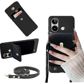 for BLU C9 2024 Case, BLU C9 6.6" Case Wallet Back with Card Holder, Shockproof PU Leather Crossbody Adjustable Detachable Lanyard Hands Free | Kickstand with Magnetic Closure, Black