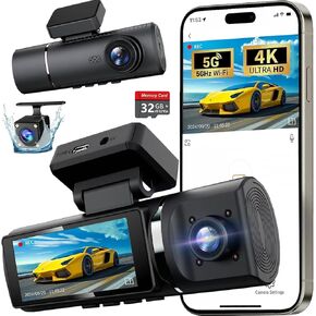 3 Channel 4K Dash Cam Front, 1080P Dash Camera Rear and Inside for Cars with 32GB Card, G-Sensor, 3.16 IPS Screen, 24Hr Parking, App Control,Loop Recording, Night Vision,Support 256GB Max
