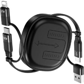 5 in 1 Multi Charging Cable 60W, Retractable Lightning Charger Cable, USB Fast Charging Cable with Data Transfer, USB-C/A to Lightning/USB C Charger Cord for iPhone,iPad,Samsung,PS,Tablets