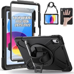 Gerutek Case for iPad (A16) 11th/10th Generation 11"/10.9" (2025/2022), Heavy Duty Shockproof Protective Case with Screen Protector, 360° Rotating Stand, Hand/Shoulder Strap, Pencil Holder, Black