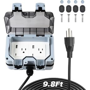 Outdoor Power Outlet Box with 9.8Ft Extension Cord, NEMA 5-15R Dual Electrical Outlets, Type C & USB Ports, STW 14 AWG, Weatherproof Waterproof IP66, Exterior Wall Socket with Cover for Garden