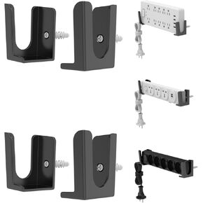 Power Strip Holder, 2 Set Power Strip Wall Mount, Punch Free Socket Holder Fit for Under Desk, Bedside and More, Fixed by Adhesive or Screw (Black)