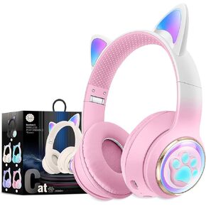 Bluetooth 5.0 Noise Cancelling Cat Ear Headphones for Kids, Foldable LED Light Up Ears with Safe Volume Limit & TF Card/Mic | Ideal for iPad, Toddlers, Girls (Age 3-12)(Pink)