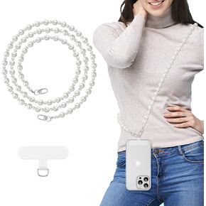 MoKo Universal Phone Lanyard, Pearl Beaded Cell Phone Chain Crossbody Strap Anti-Theft Detachable Women Cellphone Lanyards Around The Neck with Patches for iPhone, Most Smartphones, B-White