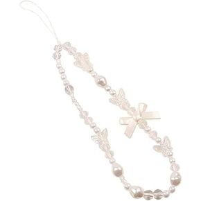 White Mobile Phone Lanyard Universal Phone Chain Bow Butterfly Pearl Beaded Phone Lanyard Wrist Strap Anti Lost Phone Charm Strap Cute Phone Case Keychain Wallet Decoration Pendant for Women Girls
