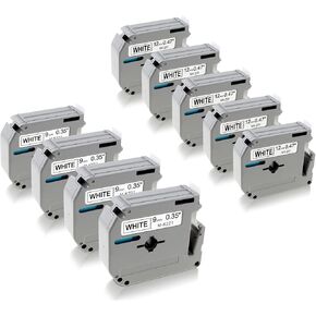 Greateam Label Maker Tape Compatible with Brother MK-221 MK-231 Ptouch Label Tape, M Tape 9mm .35'' and M Tape 12mm .47'' for PT-M95, PT-80, PT70BM, PT-65, PT-90, Black on White, Total 8 Pack