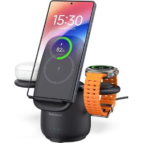 Wireless Charger for Samsung S25 Ultra, 3 in 1 Charging Station for Samsung S25/S24/S23/S22, Watch Charger for Galaxy Watch 7/Ultra/6/5, Galaxy Buds 3/Pro, SwanScout 707S (No Adapter) (Black)