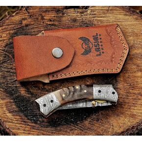 8" Handmade Damascus Hunting Knife with Leather Sheath, Stag Horn Handle Folding Knife With Leather Sheath, Bushcraft Camping Knives for Men (Stag Horn Color)