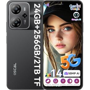 Oscal Tiger 13 5G هواتف غير مقفلة ، 24 (8+16) GB+256GB/TF 2TB Android 14 هاتفًا ذكيًا ، Gemini AI Gaming Phone ، Octa Core ، 50+8MP ، 90Hz 6.67 "HD+Dual SIM ، 5000MAH ، معرف الوجه/البصمة/NFC/BT5.0/otg (Black)