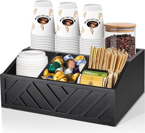 Farmhouse Coffee Station Organizer - Wood Countertop Coffee Bar Accessory Holder, Pod Syrup Condiment Organizer (Black) in Kuwait