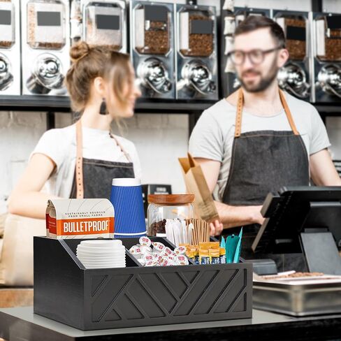 Farmhouse Coffee Station Organizer - Wood Countertop Coffee Bar Accessory Holder, Pod Syrup Condiment Organizer (Black) in Kuwait