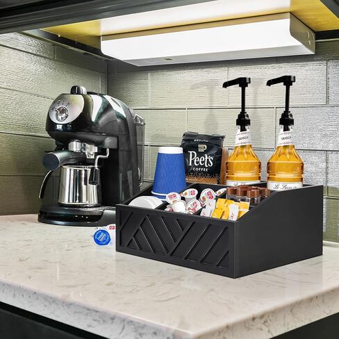 Farmhouse Coffee Station Organizer - Wood Countertop Coffee Bar Accessory Holder, Pod Syrup Condiment Organizer (Black) in Kuwait